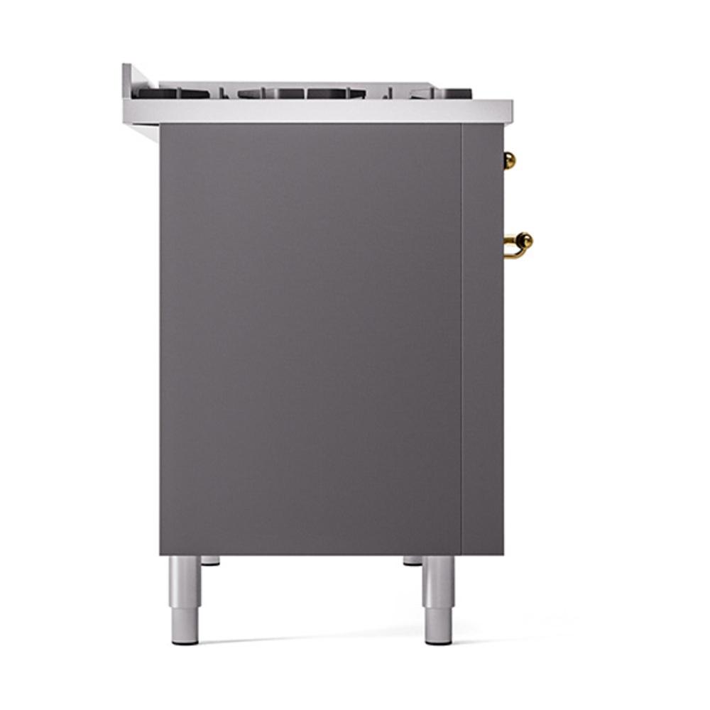 ILVE UN48FQNMPMGG Nostalgie II Noblesse 48 inch Dual Fuel Range (8 Sealed Burners + Griddle, Natural Gas, Solid Door, Graphite Matte, Brass)