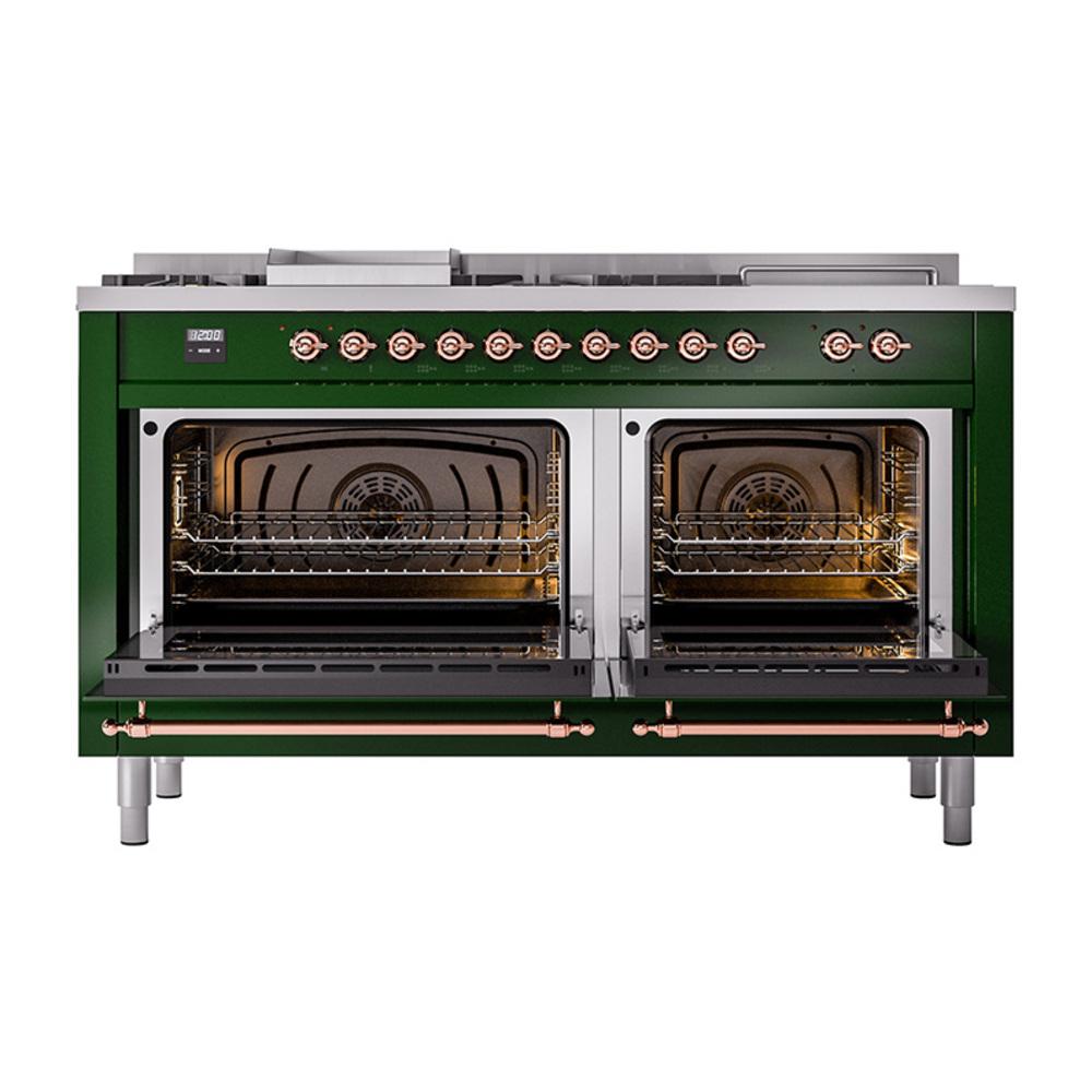 ILVE UN60FSNMPEGP Nostalgie II Noblesse 60 inch Dual Fuel Range (7 Sealed Burners + Griddle + French Top, Natural Gas, Triple Glass Door, Emerald Green, Copper)