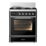 ILVE UM30NR3BKC Majestic III 30 inch Dual Fuel Range with 5 Black Brass Burners, Dual Function Burner up to 25,000 BTU (Natural Gas, Triple Glass Door, Glossy Black, Chrome)