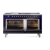 ILVE UN60FSNMPMBB Nostalgie II Noblesse 60 inch Dual Fuel Range (7 Sealed Burners + Griddle + French Top, Natural Gas, Triple Glass Door, Midnight Blue, Burnished)