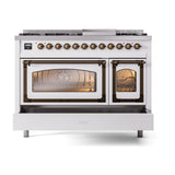 ILVE UN48FNMPWHBLP Nostalgie II Noblesse 48 inch Dual Fuel Range (8 Sealed Burners + Griddle, Liquid Propane, Triple Glass Door, White, Burnished)
