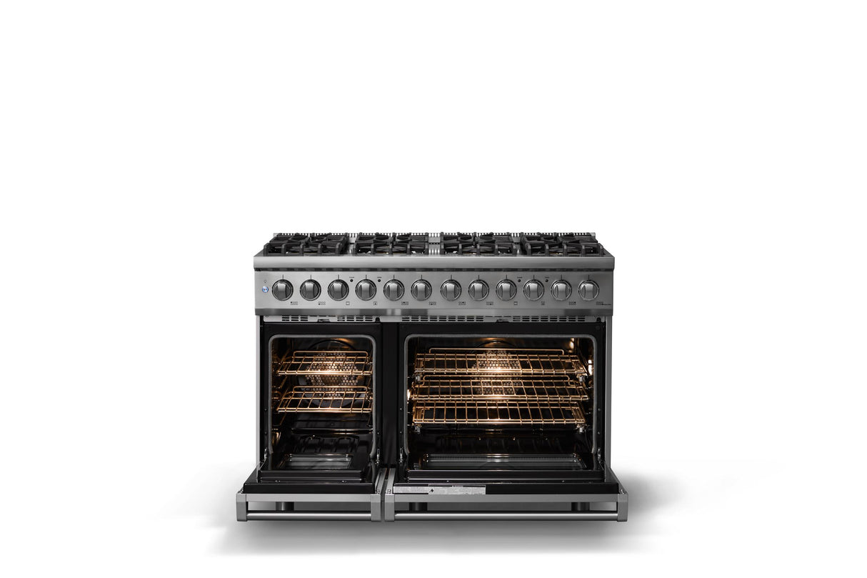 48"W. Dual Fuel Range (Burner: 8b, Finish: Stainless Steel, Trim: Polished Chrome, Fuel: Natural Gas)