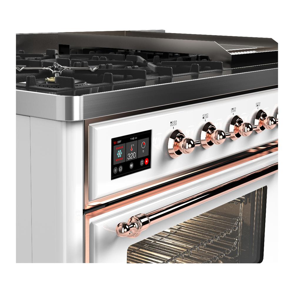 ILVE UM48FNR3WHP Majestic III 48 inch Dual Fuel Range with 8 Burners and Griddle, Dual Function Burner up to 25,000 BTU (Natural Gas, Triple Glass Door, White, Copper)