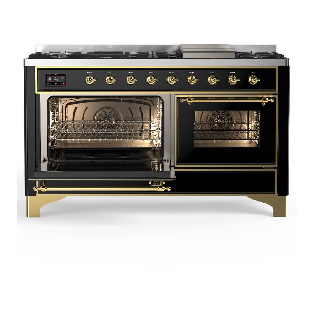 ILVE UM60FNR3BKG Majestic III 60 inch Dual Fuel Range with 9 Burners and Griddle, Dual Function Burner up to 25,000 BTU (Natural Gas, Triple Glass Door, Glossy Black, Brass)