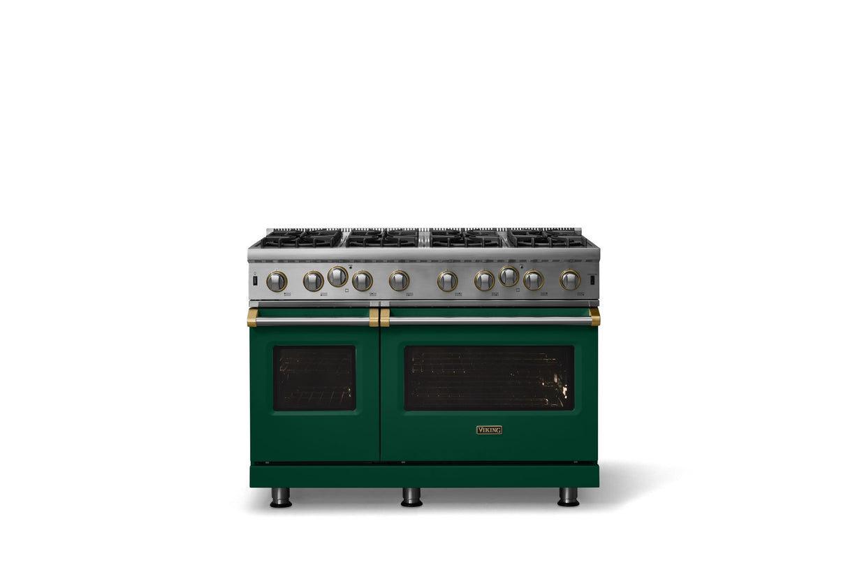 48"W. Open Burner Gas Range (Finish: Ivy, Trim: Brushed Brass, Fuel: Propane)