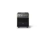 30"W. Open Burner Gas Range (Finish: Onyx, Trim: Brushed Brass, Fuel: Natural Gas)