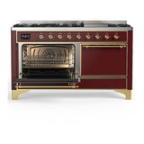 ILVE UM60FQNR3BUGLP Majestic III 60 inch Dual Fuel Range with 9 Burners and Griddle, Dual Function Burner up to 25,000 BTU (Liquid Propane, Solid Door, Burgundy, Brass)