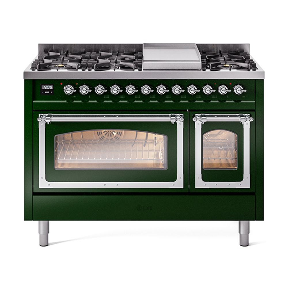 ILVE UN48FNMPEGCLP Nostalgie II Noblesse 48 inch Dual Fuel Range (8 Sealed Burners + Griddle, Liquid Propane, Triple Glass Door, Emerald Green, Chrome)