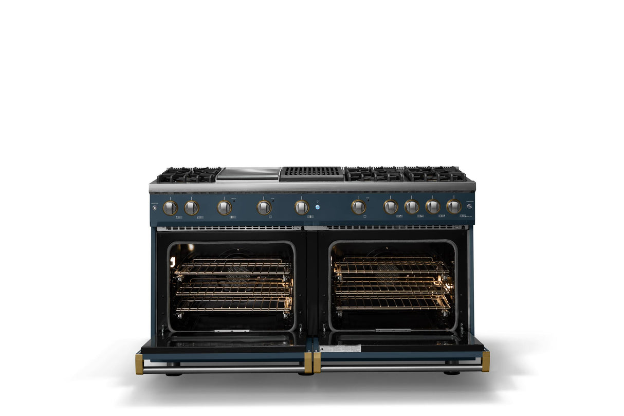 60"W. Sealed Burner Gas Range (Finish: Squall, Trim: Brushed Brass, Fuel: Propane)