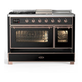 ILVE UM48FSNR3BKPLP Majestic III 48 inch Dual Fuel Range with 5 Black Brass Burners, Griddle and French Top, Dual Function Burner up to 25,000 BTU (Liquid Propane, Triple Glass Door, Glossy Black, Copper)
