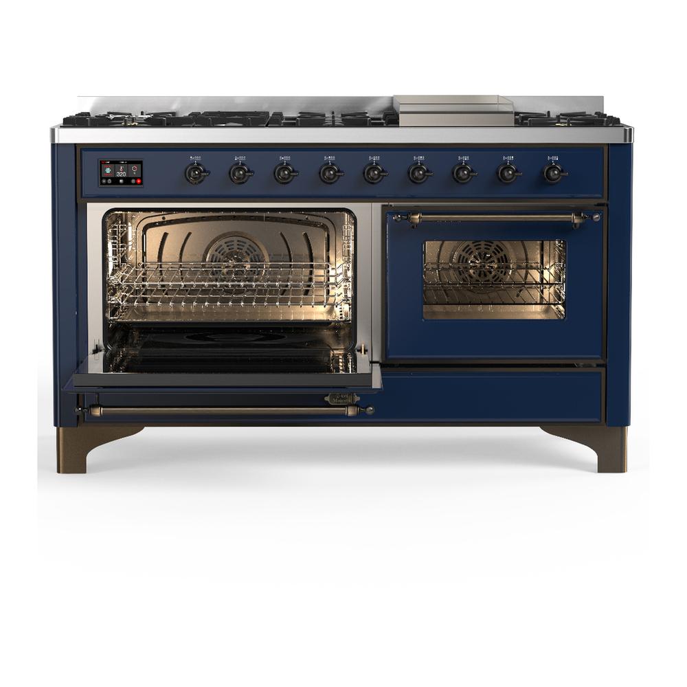 ILVE UM60FNR3MBBLP Majestic III 60 inch Dual Fuel Range with 9 Burners and Griddle, Dual Function Burner up to 25,000 BTU (Liquid Propane, Triple Glass Door, Midnight Blue, Burnished)