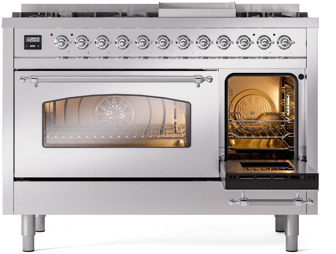 Nostalgie II 48 Inch Dual Fuel Natural Gas Freestanding Range in Stainless Steel with Chrome Trim