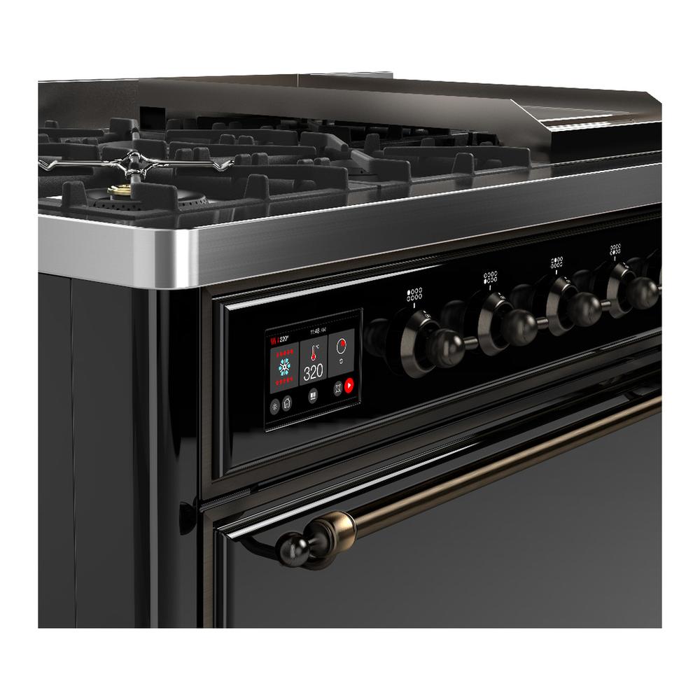 ILVE UM48FQNR3BKB Majestic III 48 inch Dual Fuel Range with 8 Burners and Griddle, Dual Function Burner up to 25,000 BTU (Natural Gas, Solid Door, Glossy Black, Burnished)