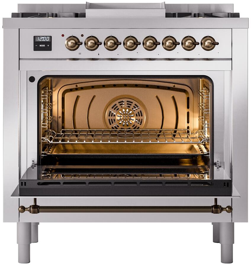 Nostalgie II 36 Inch Dual Fuel Natural Gas Freestanding Range in Stainless Steel with Bronze Trim