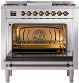 Nostalgie II 36 Inch Dual Fuel Natural Gas Freestanding Range in Stainless Steel with Bronze Trim