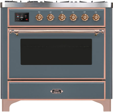 Majestic II 36 Inch Dual Fuel Liquid Propane Freestanding Range in Blue Grey with Copper Trim