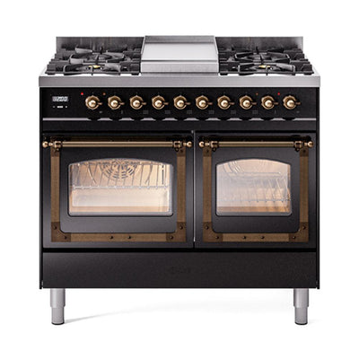 ILVE UND40FNMPBKB Nostalgie II Noblesse 40 inch Dual Fuel Range (Natural Gas, Triple Glass Door, Glossy Black, Burnished)