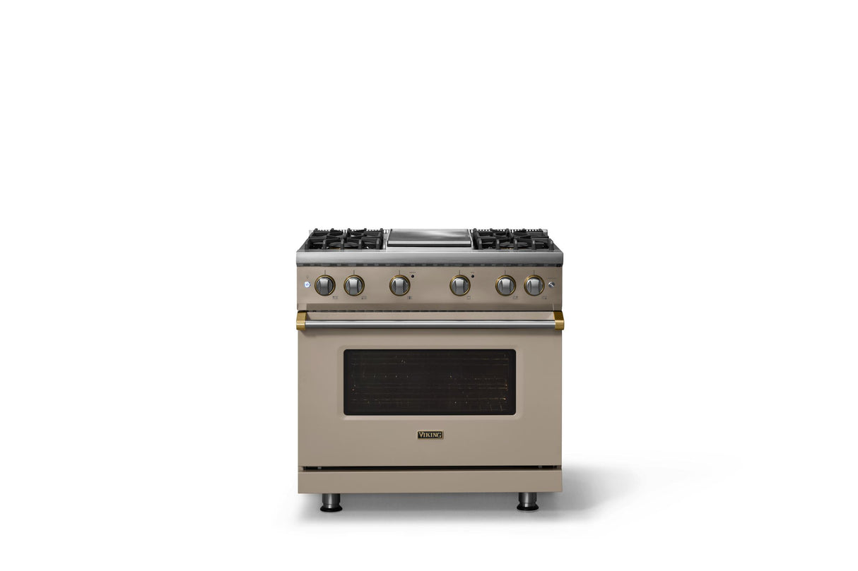 36"W. Sealed Burner Gas Range (Burner: 4g, Finish: Nantucket, Trim: Brushed Brass, Fuel: Propane)