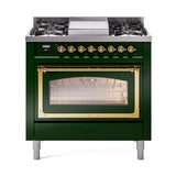 ILVE UN36FNMPEGG Nostalgie II Noblesse 36 inch Dual Fuel Range (Natural Gas, Triple Glass Door, Emerald Green, Brass)
