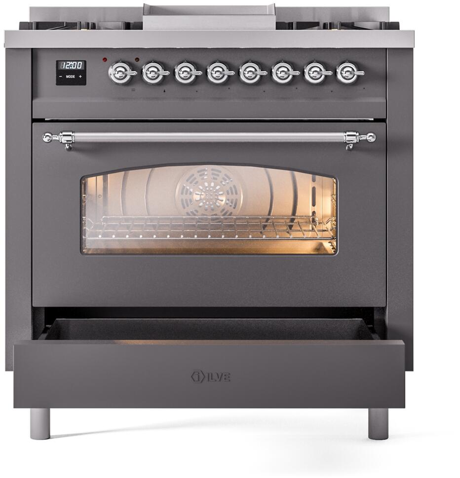 Nostalgie II 36 Inch Dual Fuel Liquid Propane Freestanding Range in Matte Graphite with Chrome Trim