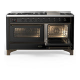ILVE UM60FNR3BKB Majestic III 60 inch Dual Fuel Range with 9 Burners and Griddle, Dual Function Burner up to 25,000 BTU (Natural Gas, Triple Glass Door, Glossy Black, Burnished)