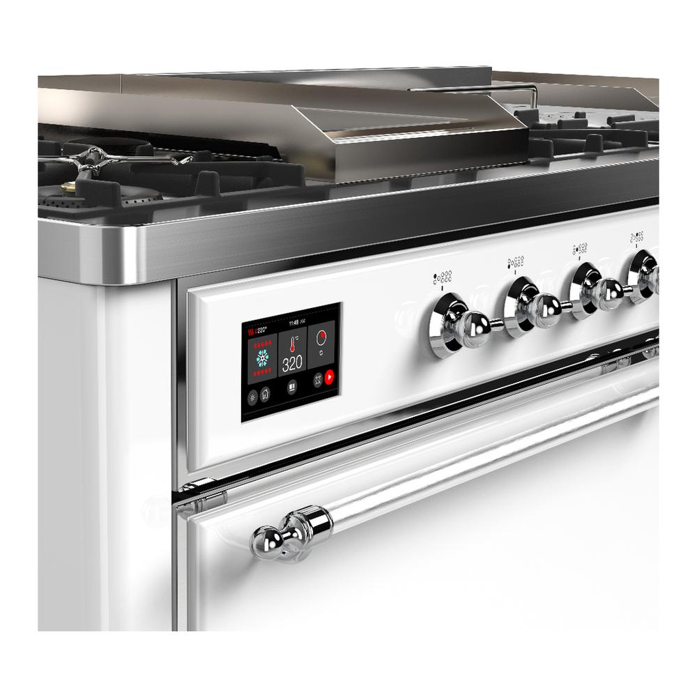 ILVE UM60FSQNR3WHCLP Majestic III 60 inch Dual Fuel Range with 7 Burners, Griddle and French Top, Dual Function Burner with up to 25,000 BTU (Liquid Propane, Solid Door, White, Chrome)
