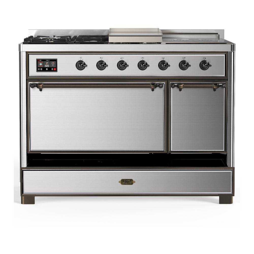 ILVE UM48FSQNR3SSB Majestic III 48 inch Dual Fuel Range with 5 Black Brass Burners, Griddle and French Top, Dual Function Burner up to 25,000 BTU (Natural Gas, Solid Door, Stainless Steel, Burnished)