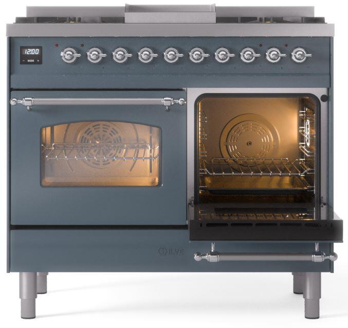 Nostalgie II 40 Inch Dual Fuel Natural Gas Freestanding Range in Blue Grey with Chrome Trim