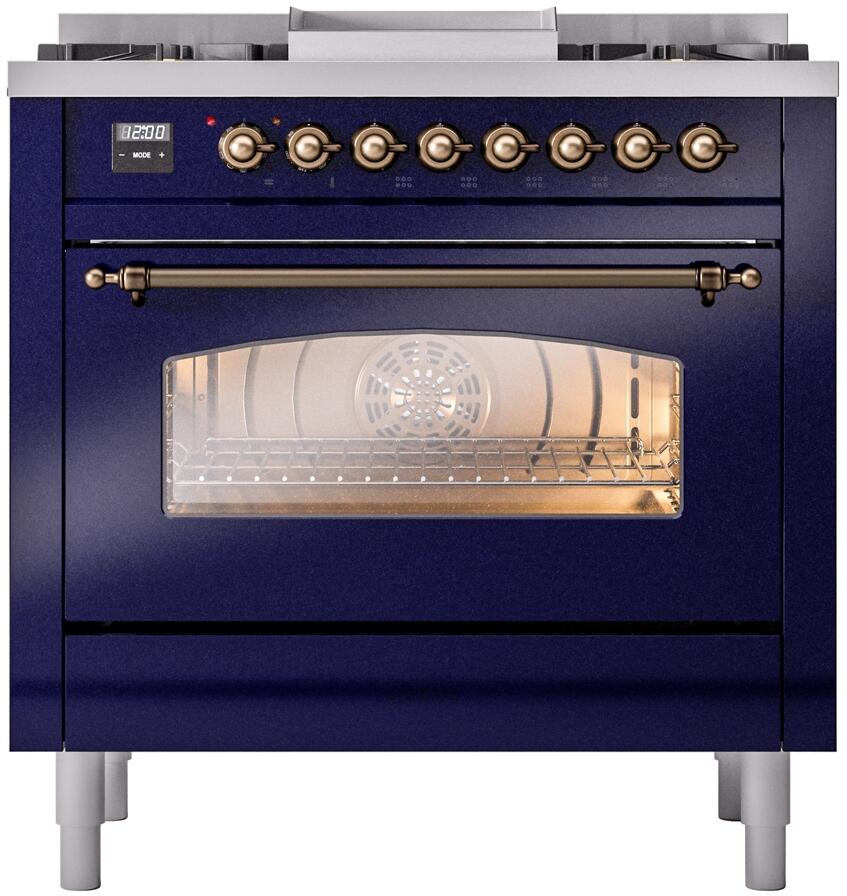 Nostalgie II 36 Inch Dual Fuel Natural Gas Freestanding Range in Blue with Bronze Trim