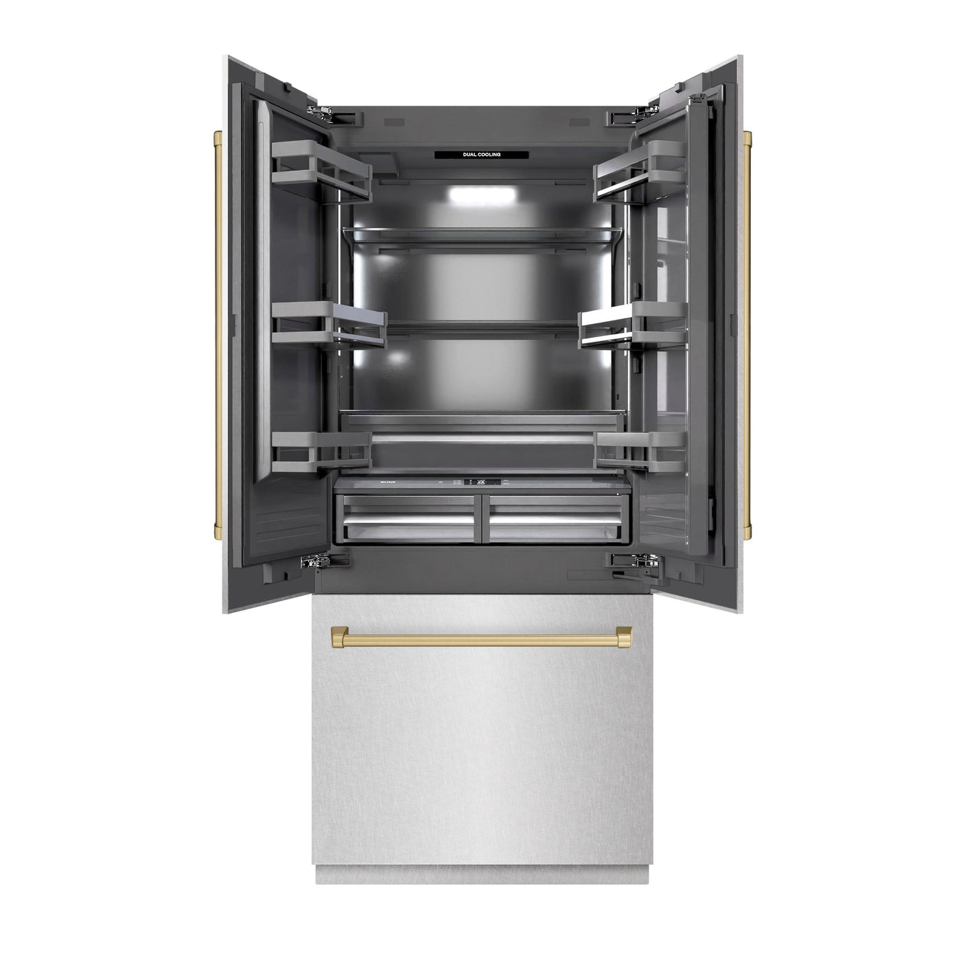 ZLINE Autograph Edition 36 in. 19.6 cu. ft. French Door Built-In Bottom Freezer Refrigerator with Water Dispenser and Ice Maker in DuraSnow' Stainless Steel with Graphite Gray Interior and Champagne Bronze Accents (GRBIVZ-SN-36-CB)