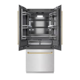 ZLINE Autograph Edition 36 in. 19.6 cu. ft. French Door Built-In Bottom Freezer Refrigerator with Water Dispenser and Ice Maker in DuraSnow' Stainless Steel with Graphite Gray Interior and Champagne Bronze Accents (GRBIVZ-SN-36-CB)