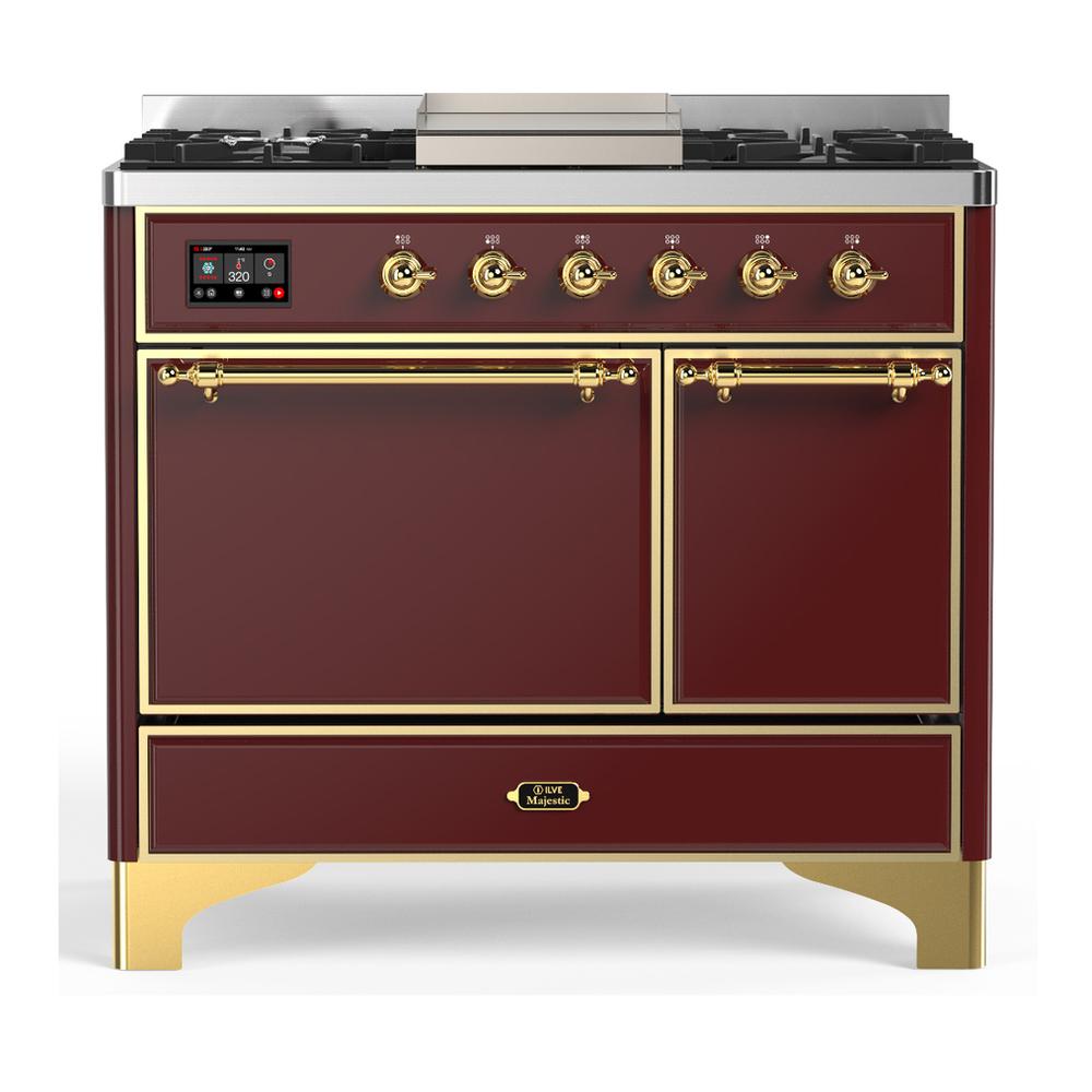 ILVE UMD40FQNR3BUGLP Majestic III 40 inch Dual Fuel Range with 6 Burners and Griddle, Dual Function Burner up to 25,000 BTU (Liquid Propane, Solid Door, Burgundy, Brass)