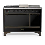 ILVE UM48FSQNR3BKB Majestic III 48 inch Dual Fuel Range with 5 Black Brass Burners, Griddle and French Top, Dual Function Burner up to 25,000 BTU (Natural Gas, Solid Door, Glossy Black, Burnished)