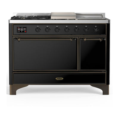 ILVE UM48FSQNR3BKB Majestic III 48 inch Dual Fuel Range with 5 Black Brass Burners, Griddle and French Top, Dual Function Burner up to 25,000 BTU (Natural Gas, Solid Door, Glossy Black, Burnished)