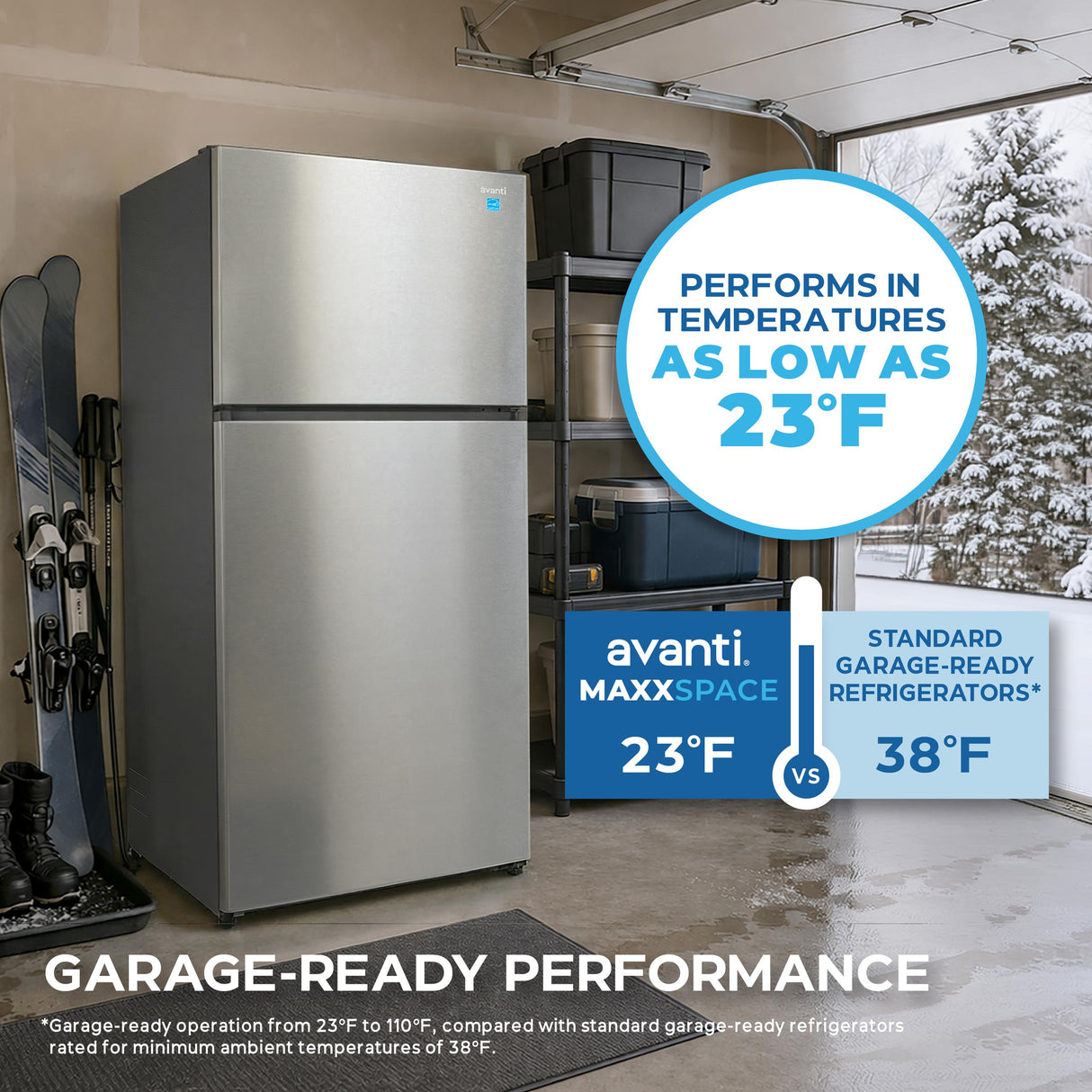 Avanti MaxxSpace Insulation™ Technology Garage-Ready Frost-Free Ice Maker-Ready Refrigerator, 24 cu. ft., ENERGY STAR, Stainless Steel Look (AVFF24DLJM0SS)