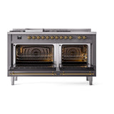 ILVE UN60FSNMPMGGLP Nostalgie II Noblesse 60 inch Dual Fuel Range (7 Sealed Burners + Griddle + French Top, Liquid Propane, Triple Glass Door, Graphite Matte, Brass)