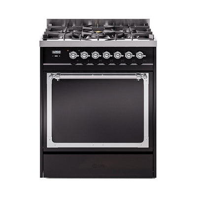 ILVE UN30QNMPBKCLP Nostalgie II Noblesse 30 inch Dual Fuel Range (Liquid Propane, Solid Door, Glossy Black, Chrome)