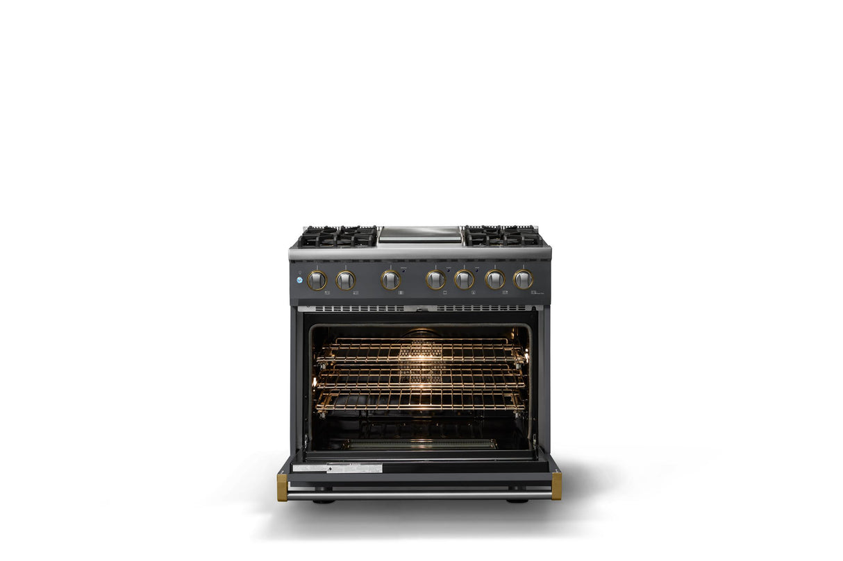 36"W. Dual Fuel Range (Burner: 4g, Finish: Cast Black, Trim: Brushed Brass, Fuel: Natural Gas)