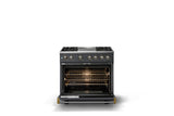 36"W. Dual Fuel Range (Burner: 4g, Finish: Cast Black, Trim: Brushed Brass, Fuel: Propane)