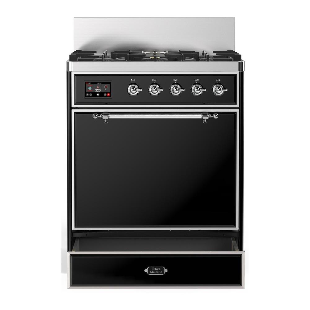 ILVE UM30QNR3BKC Majestic III 30 inch Dual Fuel Range with 5 Black Brass Burners, Dual Function Burner up to 25,000 BTU (Natural Gas, Solid Door, Glossy Black, Chrome)