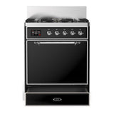ILVE UM30QNR3BKC Majestic III 30 inch Dual Fuel Range with 5 Black Brass Burners, Dual Function Burner up to 25,000 BTU (Natural Gas, Solid Door, Glossy Black, Chrome)