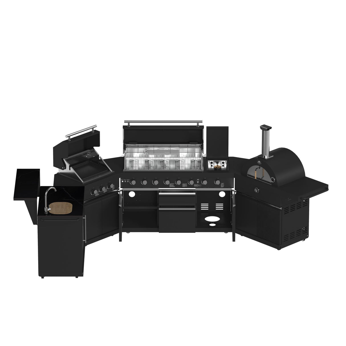 Forno All Aperto 99,600 BTU Outdoor Kitchen, 5 Burners, Infrared Burners, Side Burner, Black Sintered Stone Countertops, Gas Pizza Oven, Sink Module, Bar & Beverage Center