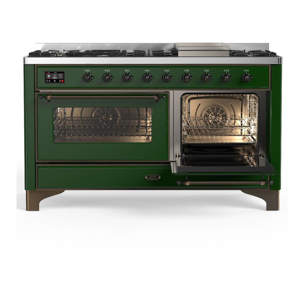 ILVE UM60FNR3EGBLP Majestic III 60 inch Dual Fuel Range with 9 Burners and Griddle, Dual Function Burner up to 25,000 BTU (Liquid Propane, Triple Glass Door, Emerald Green, Burnished)