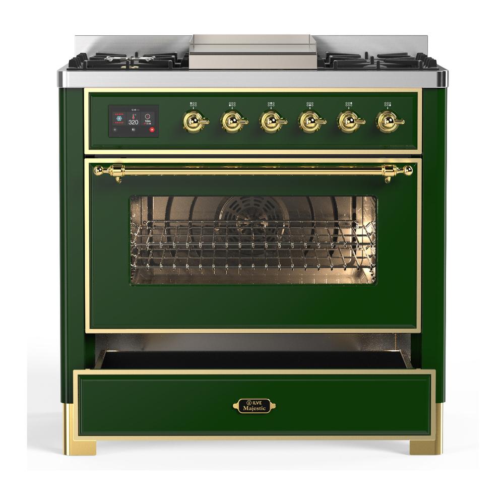 ILVE UM36FNR3EGGLP Majestic III 36 inch Dual Fuel Range with 6 Black Brass Burners and Griddle, Dual Function Burner up to 25,000 BTU (Triple Glass Door, Emerald Green, Brass, Liquid Propane)