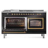 ILVE UN60FSNMPBKG Nostalgie II Noblesse 60 inch Dual Fuel Range (7 Sealed Burners + Griddle + French Top, Natural Gas, Triple Glass Door, Glossy Black, Brass)