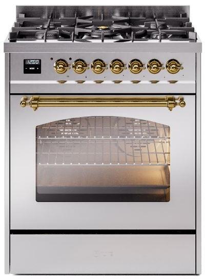 Nostalgie II 30 Inch Dual Fuel Natural Gas Freestanding Range in Stainless Steel with Brass Trim