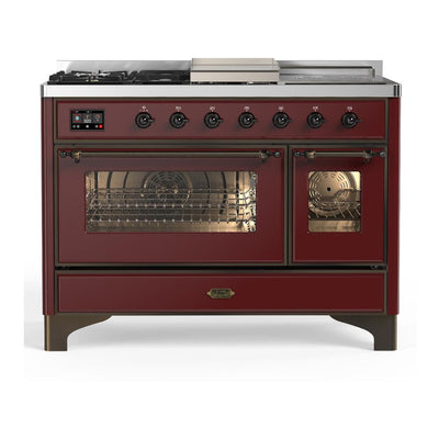 ILVE UM48FSNR3BUB Majestic III 48 inch Dual Fuel Range with 5 Black Brass Burners, Griddle and French Top, Dual Function Burner up to 25,000 BTU (Natural Gas, Triple Glass Door, Burgundy, Burnished)