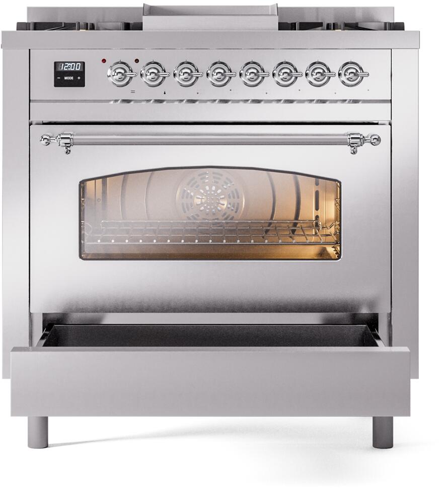 Nostalgie II 36 Inch Dual Fuel Liquid Propane Freestanding Range in Stainless Steel with Chrome Trim
