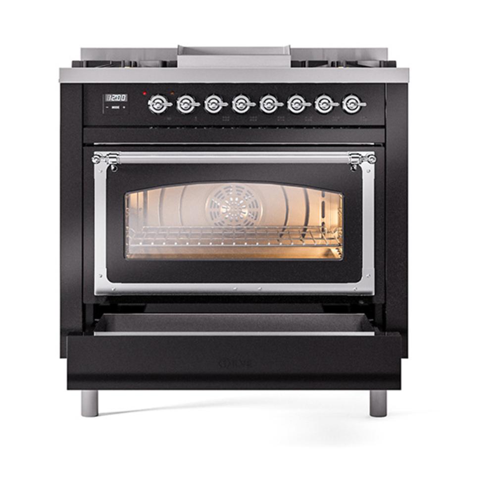 ILVE UN36FNMPBKCLP Nostalgie II Noblesse 36 inch Dual Fuel Range (Liquid Propane, Triple Glass Door, Glossy Black, Chrome)