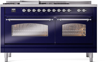 Nostalgie II 60 Inch Dual Fuel Liquid Propane Freestanding Range in Blue with Chrome Trim